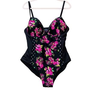 Catalina PLUS Black Floral Polka Dot Underwire Adjustable Straps Swimsuit. 1X